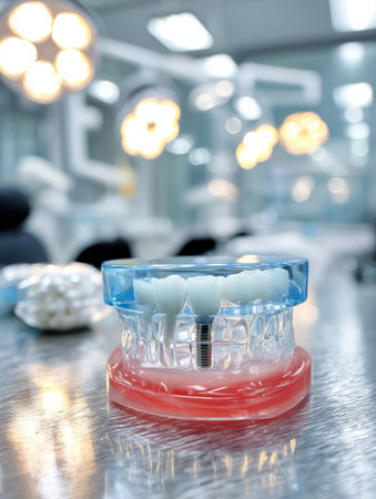 A dental implant is displayed in a soft gum gel model, illuminated by clinical lights in a training environment, showcasing dental techniques and practice.の素材