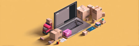 Packages are flowing from an isometric laptop, surrounded by various boxes, illustrating the concept of online shopping and delivery logistics.の素材