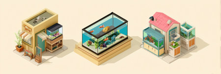 Isometric design of a pet shop showcases colorful aquariums and cute pets in a cozy atmosphere, inviting visitors to explore and enjoy the aquatic life.の素材
