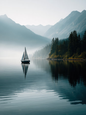 A lone sailboat moves gently on calm water, reflecting the serene landscape of foggy mountains and lush forests during early morning light.の素材