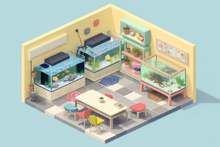 Explore a lively pet shop filled with vibrant aquariums, cute pets, and colorful furniture, creating a welcoming atmosphere for animal lovers.の素材