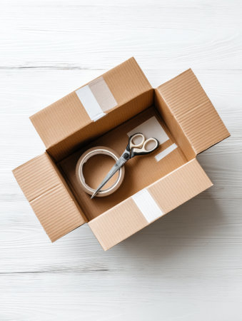 Workspace features a minimalist kraft box, clear tape, and scissors neatly arranged on a bright white table, ideal for packing or mailing items.の素材