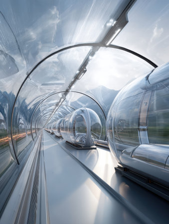 Hyperloop cargo pods travel swiftly through a transparent tunnel, showcasing advanced technology in transportation during a bright day, surrounded by nature.の素材