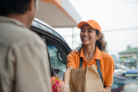 Customer joyfully receives their order from a friendly server at a bustling pickup location under bright daylight.の素材