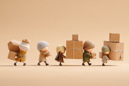 A group of tiny characters is joyfully transporting oversized cardboard boxes in a whimsical setting, showing their determination and teamwork.の素材
