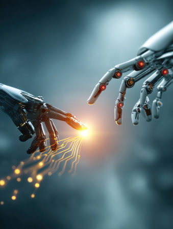 Robotic hands extend toward a bright microchip, symbolizing the intersection of technology and innovation in a futuristic setting, illuminated by ambient light.の素材