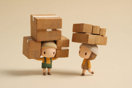 Two small characters carry big cardboard boxes with cheerful smiles, displaying their creativity and determination in a whimsical setting.の素材