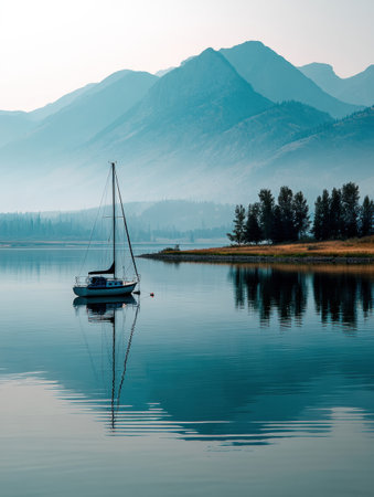 A sailboat floats serenely on calm water, with majestic mountains rising in the background, capturing the tranquility of early morning hours.の素材