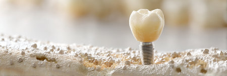 Close-up of a dental implant embedded in bone tissue, illustrating the intricate relationship between modern dentistry and natural healing processes.の素材