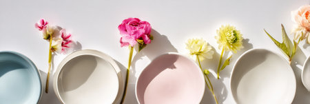 Minimalist pastel picnic setup featuring empty white plates and an arrangement of colorful flowers, perfect for an outdoor gathering in the sunshine.の素材