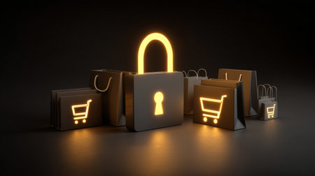 Glowing lock symbolizing security stands prominently among shopping packages, highlighting the importance of safe online transactions in e-commerce.の素材