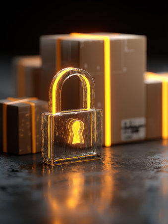 Glowing lock symbolizes security for online transactions, accompanied by package icons representing delivery and purchase assurance in digital commerce.の素材