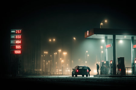 Under dramatic lighting at a gas station, a driver leans against their car in disbelief at soaring fuel prices displayed on the sign.の素材