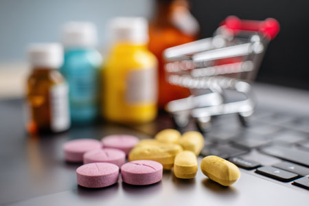 Conveniently ordering medicines online enhances accessibility to health products, featuring various medication bottles and a shopping cart on a keyboard.の素材