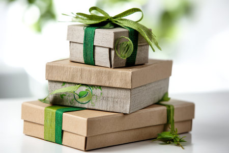 Three eco-friendly gift boxes with green ribbons display a sustainable approach to packaging gifts. They sit on a bright surface, surrounded by greenery.の素材