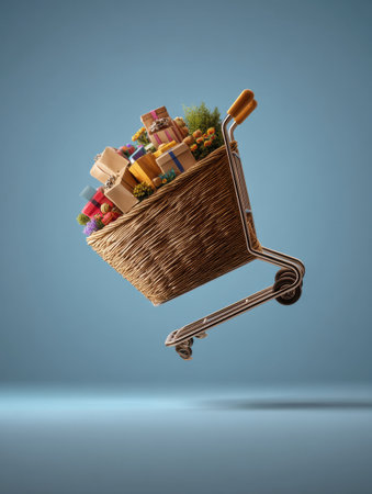 A shopping cart magically turns into a rustic basket overflowing with vibrant fruits, vegetables, and wrapped gifts, showing a unique shopping experience.の素材