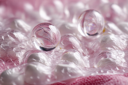 Soft bubble wrap filled with visible clear pills offers a protective feeling, highlighting the contrast of textures in a close-up indoor setting.の素材
