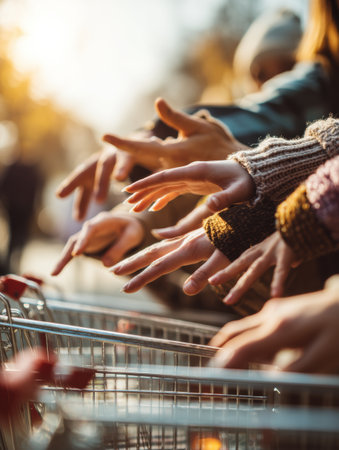 Multiple hands stretch towards the final item available while shoppers compete in a bustling outdoor setting during the evening rush hour.の素材