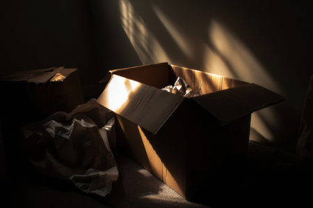Fascinating cardboard box unwrapping reveals crumpled paper inside, highlighted by dramatic lighting that casts shadows in a warm, cozy room.の素材