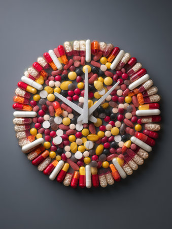 Clock face designed using vibrant pills and vitamins reflects the concept of healing over time, creating a unique blend of health and artistry.の素材