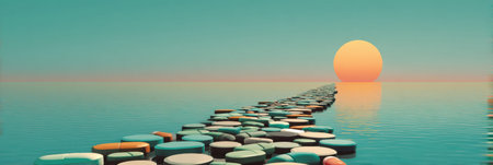 A vibrant pathway of pills stretches into the horizon at sunset, symbolizing a journey toward wellness against a tranquil water backdrop.の素材