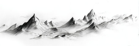 This soft pencil landscape highlights majestic mountains, showcasing their peaks and valleys with shading that enhances their natural beauty.の素材