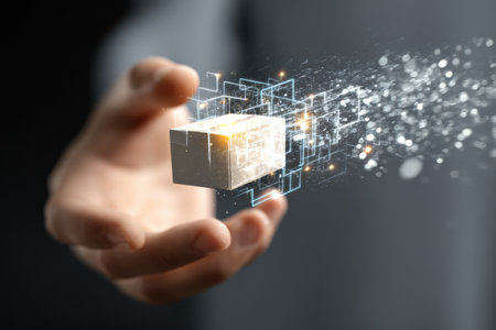 A human hand extends into a digital portal to grasp a floating parcel surrounded by glowing particles, embodying the interplay of technology and reality.の素材