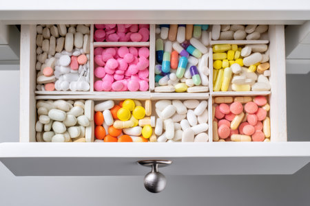 Top view of a clean and organized medicine drawer filled with various colorful pills, showing careful arrangement for easy access.の素材