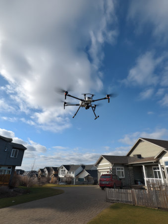 A high-speed drone hovers above a suburban backyard, preparing for a drop-off in a neighborhood with clear blue skies during the afternoon.の素材