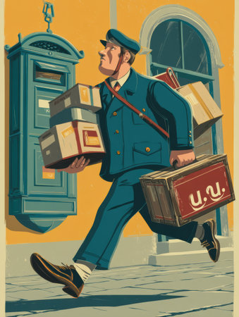 A postman briskly walks along a vibrant street, carrying multiple packages and an urgent delivery box, showcasing the hustle of city life in a vintage style.の素材