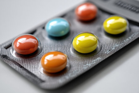 Close view of a minimal blister pack showcasing a vibrant array of colorful pills in various shapes arranged on a neutral gray surface.の素材