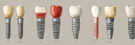 Illustration shows the healing process of dental implants, featuring four stages that highlight the progression and healing of implants over time.の素材