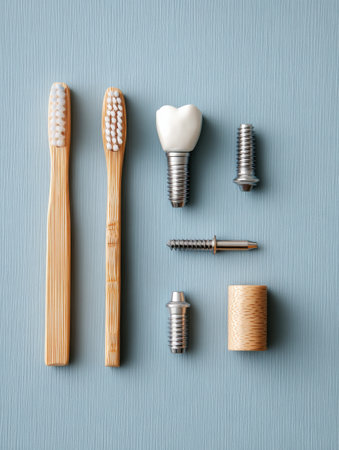 Two bamboo toothbrushes are arranged alongside dental implant components, showcasing oral care and dental restoration products on a textured background.の素材