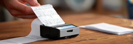 A person pulls out a paper receipt from a compact mobile printer on a wooden table in a cafe. The device is actively printing the transaction details.の素材