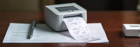 A compact mobile printer is generating paper receipts on a desk alongside a pen and blank documents during a productive work session.の素材