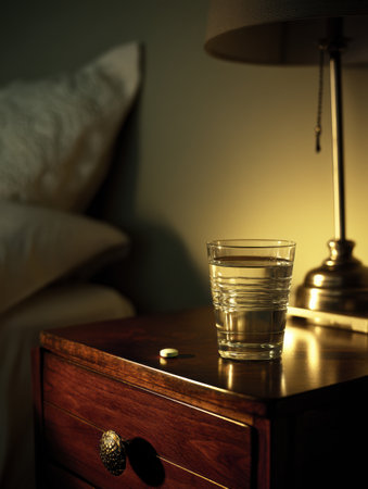 A glass of water rests on a wooden nightstand beside a single pill, softly illuminated by lamp light in a cozy bedroom after dusk.の素材