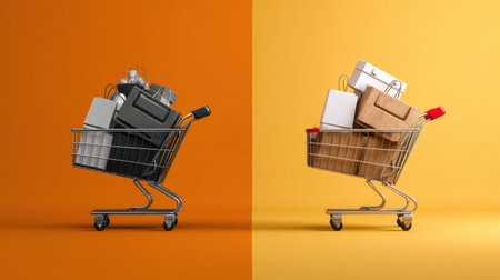 A shopping cart icon evolves into a colorful basket loaded with diverse goods, embodying the connection between digital shopping and real-life purchases.の素材