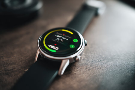 Smartwatch shows an order notification alert in a sleek design, placed on a wooden surface, capturing a moment in a contemporary workspace at night.の素材