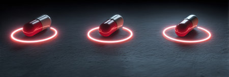 Pills on a dark surface gradually transforms into a glowing health icon, showing the concept of wellness and transformation in a time-lapse style.の素材