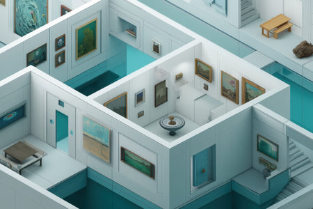 Exploring a contemporary art gallery with isometric design elements, featuring floating artworks and sculptures in a vibrant space with light blue accents.の素材