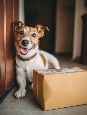 A cheerful dog sits beside a freshly delivered package at home, radiating happiness and curiosity while enhancing the cozy atmosphere of the space.の素材