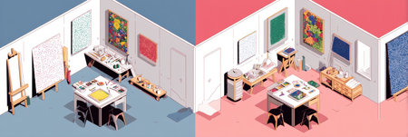 Bright isometric studio features two distinct sides filled with canvases, paints, and supplies, inviting artistic exploration and inspiration during the day.の素材