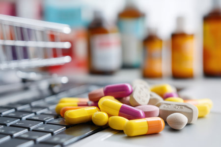 Colorful pills are scattered on a computer keyboard, highlighting the convenience of ordering medicine from an online pharmacy with various bottles in view.の素材