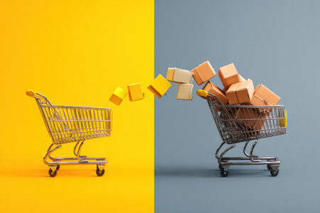 A shopping cart icon seamlessly transforms into a real basket filled with various goods, illustrating the journey of shopping in a vibrant setting.の素材
