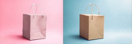 A pastel pink paper shopping bag is placed next to a beige cardboard box against a soothing pastel blue background, showing a simple yet elegant arrangement.の素材