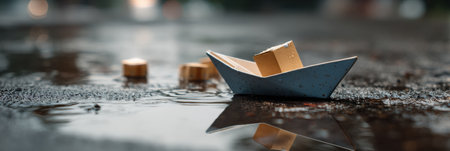 A small paper boat makes its way across a puddle while carrying a tiny package, depicting a whimsical moment in the aftermath of rain.の素材