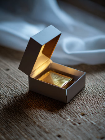 Soft golden light highlights a luxury unboxing, unveiling an exquisite item in a minimalist white box for an inviting ambiance.の素材