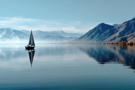 A graceful sailboat navigates still waters, surrounded by breathtaking mountains on a clear day, creating a peaceful and picturesque view.の素材