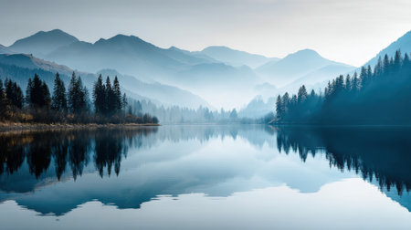 Calm waters reflect majestic mountains and a soft sky, creating a tranquil atmosphere perfect for meditation and quiet reflection in nature.の素材