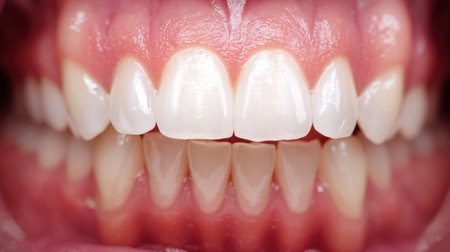 Close view of an open mouth displaying bright teeth and a dental implant visible beneath the gumline in a high-key lighting setup.の素材